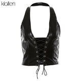 Znbbw fashion punk black leather hollwo crop tops womens camisole 2023 summer fashion stretch tees Slim Soft leather tank tops