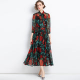 Znbbw Fashion Runway Autumn Vacation Chiffon Dress Women's Bow Collar Lantern Sleeve Retro Rose Flower Print Midi Party Dress