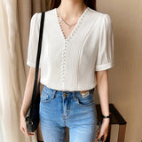 Znbbw Women Blouses Top Femme Short Sleeve White Blouse Tops Women Blusas Mujer De Moda 2023 V-Neck Chiffon Blouse Shirt E867