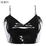 Znbbw women sexy v-neck PU leather metal chain strap crop camis 2023 new fashion sexy female spangly PU back zipper tees tops