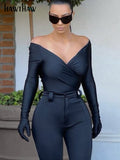 Znbbw Women Sexy Spring Autumn Long Sleeve V Neck Bodycon Black T Shirt Tops Bodysuit 2023 Fall Clothes Wholesale Items