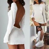 Znbbw Backless White Evening Party Dress Women Elegant Long Sleeve Solid Color Loose Club Holiday Casual Mini Dress