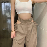 Znbbw high street casual female wide leg pant sexy hollow out bandage zipper high waiste solid wild loose trousers spring new