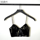 Znbbw women sexy v-neck PU leather metal chain strap crop camis 2023 new fashion sexy female spangly PU back zipper tees tops