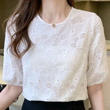 Znbbw Women White Blouse Tops Short Sleeve Hollow Chiffon Blouse Shirt Blouse Women Blusas Mujer De Moda 2023 Blouses Top E949