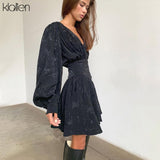 Znbbw Fashion Black Chiffon Printing Elegant Loose Mini Dress New Women Lantern Full Sleeve Pleated Slim Party Night Dresses