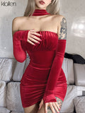 Znbbw Fashion Sexy Slash Neck Off Shoulder Halter Mini Bodycon Dress Women Simple Solid Red Senior Party Christmas Dress