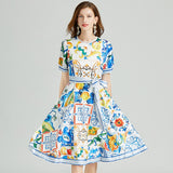 Znbbw 2023 Summer Midi Dress Women Stitching Lace O-Neck Short Sleeve Blue and White Porcelain Stripe Print Sashes A-Line Dress