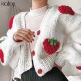 Znbbw Fashion Elegant Cute Print Strawberry Single Breasted Sweater Women Autumn Thicken Warm Cardigan Sweater Streetwear