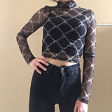 Znbbw Tee Shirt Femme Sexy Long Sleeve Crop Top Chain Print T Shirt Women Streetwear Vintage Fishnet top T-shirt 2023 New Arrival