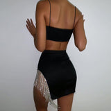 Znbbw Sexy 2 Piece Set Party Club Outfits Clubwear Women Fashion Crop Tops Camis+High Waist Rhinestone Tassel Mini Skirts