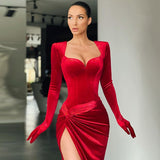 Znbbw Elegant Long Dress Evening Party Gown Outfits Women Gloves Sleeve Red Velvet Sexy Slit Maxi Dresses Bridesmaid Vestidos