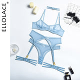 Znbbw Set Woman 4 Pieces Sexy Erotic Lingerie Underwear Bra Garters Brief Sets Transparent Lace Seamless Blue Setup Ladies