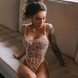 Znbbw Floral Embroidery Bodysuit Women Lace Up Bandage Bodies Sexy Sleeveless Bodycon Transparent Lingerie Mesh Bodysuits Top