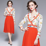 Znbbw Fashion Spring Autumn Floral Print Hit Color High Waist Women Pleated Dress Chic Notched Collar Midi A Line Vestidos