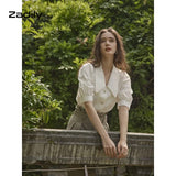 znbbw Chic Vintage Short Sleeve White Shirt Women Lace Turn Down Collar Puff Short Sleeve Blouse 2023 Summer Female Clothing