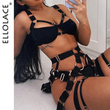 Znbbw Sensual Lingeire Goth Women's Underwear Set Black Hollow Out Splicing Brief 3 Piece Underwire Bra Garters Bilizna Set