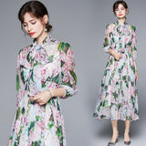 Znbbw 2023 Summer Fashion Runway Chiffon Long Dresses Women's Long sleeve Elegant Floral Print Party holidays Dress N78685