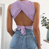 Znbbw backless women tank top bandage slim crop top summer 2023 casual streetwear tops solid cotton soft criss cross top