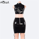 znbbw Fall Hollow Out Bandage Black PU Faux Leather Dress Suits Sexy 2 Two Piece Sets Womens Mini Skirts Sleeveless Crop Top