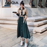 znbbw Spring Casual Sashes Women Maxi Dress Turn Down Collar Loose Patchwork Button Up Pocket Ladies Shirt Dresses Robe Vestidos