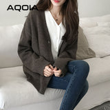 znbbw winter Korean style Solid Color Women Knitted Sweaters Cardigans Long Sleeve Button Up Loose Plus Size Female Sweater