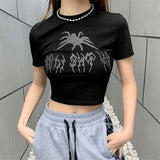 Znbbw Spider Crop Tops 2023 Women Goth Punk Graphic O-Neck Tshirt Y2K Aesthetic Short Sleeve Slim T-Shirts Black Streetwear