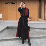 znbbw Spring Korean Women Maxi Dress Vintage Patchwork Button Up Turn Down Collar Shirt Dress Plus Size Detachable Shawl Robe