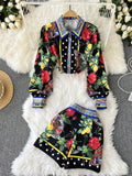 Znbbw Retro Fashion Women Runway 2 Piece Clothing Set Vintage Print Blouse Shirts + High Waist Mini Skirt Suits Lady Outfit