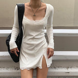 Znbbw Autumn Spring Women Sexy Lace Patchwork Long Sleeve Split Dress Hip Package Mini Vestido Party Club Low Chest Outfits Cloth