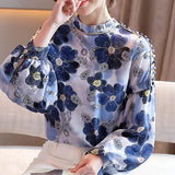 Znbbw Long Sleeve Blouse Women Blusas Mujer De Moda 2023 Stand Collar Print Chiffon Blouse Shirt Tops Blouses Femme Shirts D419