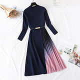 Znbbw Winter Elegant Knitted Patchwork Gradient Print Pleated Dress Women Long Sleeve Office One-Piece Sweater Dress With Belt