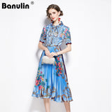 Znbbw Summer Runway Designer Bow Neck Pleated Dress Women Lace Patchwork Floral Print Elegant Holiday Midi Dress Vestidos