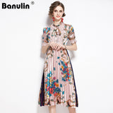 Znbbw Summer Runway Designer Bow Neck Pleated Dress Women Lace Patchwork Floral Print Elegant Holiday Midi Dress Vestidos