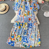 Znbbw 2023 Fashion Designer Boho Maxi Dress Women's Long Lantern Sleeve Blue and white porcelain Floral Print Party Long Dress