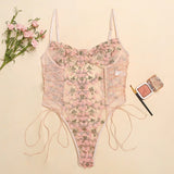 Znbbw Floral Embroidery Bodysuit Women Lace Up Bandage Bodies Sexy Sleeveless Bodycon Transparent Lingerie Mesh Bodysuits Top