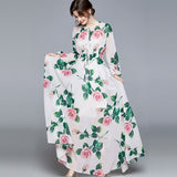 Znbbw Summer Fashion Runway Boho Maxi Dresses Women's Long Sleeve Rose Flowers Print Elastic Waist Holiday Elegant Long Dress