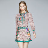 Znbbw Spring Summer Fashion Runway Shorts Suit Women's Letter Floral Blouse Shirt+Vintage Print Mini Skirt Two Pieces Set