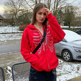 Znbbw Up Gothic Red Hoodie Y2k Autumn Women's Rhinestone Skull Casual Oversized Sweatshirt Punk E-girl Harajuku Long Sleeve Jacket