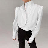 Znbbw Turtleneck Blouse Long Sleeve White Shirt Office Ladies Top Casual Solid Single-Breasted Puff Sleeve Womens Blouses