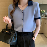 Znbbw Blouses Top Femme Short Sleeve Chiffon Blouse Shirt Blouse Women Blusas Mujer De Moda 2023 Verano V-Neck Tops Women E841