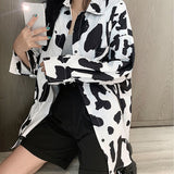 znbbw Street Style Oversize Women's Tunic Shirt Cow pattern print Long Sleeve Ladies Blouse Button Up Loose Plus Size Female Tops