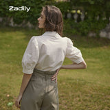 znbbw Chic Vintage Short Sleeve White Shirt Women Lace Turn Down Collar Puff Short Sleeve Blouse 2023 Summer Female Clothing