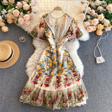 Znbbw 2023 Fashion Runway Summer Dress Women's Flare Sleeve Floral Embroidery Elegant Mesh Hollow Out Midi Dresses