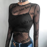 Znbbw Women Mesh T-Shirts See-Through Perspective Tshirt Letter Printed O Neck Transparent Long Sleeve T Shirt Tops Women