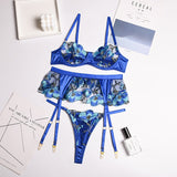 Znbbw Floral Lingerie Women's Underwear Fancy Transparent Bra Brief Set with Garters Embroidery Sexy Lace Erotic Intimate