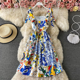 Znbbw 2023 HOT Summer Runway Boho Dress Women's Bow Spaghetti Strap Backless Blue and White Porcelain Floral Print Mini Dress