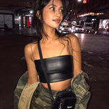 Znbbw PU Leather Soild Camisole Femme Slash Neck Ladies Streetwear Crop Top Chic Ring Straps Bodycon Black Skinny Camis Summer