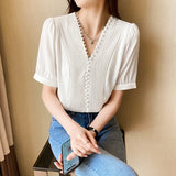 Znbbw Women Blouses Top Femme Short Sleeve White Blouse Tops Women Blusas Mujer De Moda 2023 V-Neck Chiffon Blouse Shirt E867