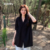 znbbw Summer Short Sleeve Button Chiffon Women Shirt Korean style Stripe Loose Ladies Blouse Beach Vacation Female Clothes Tops